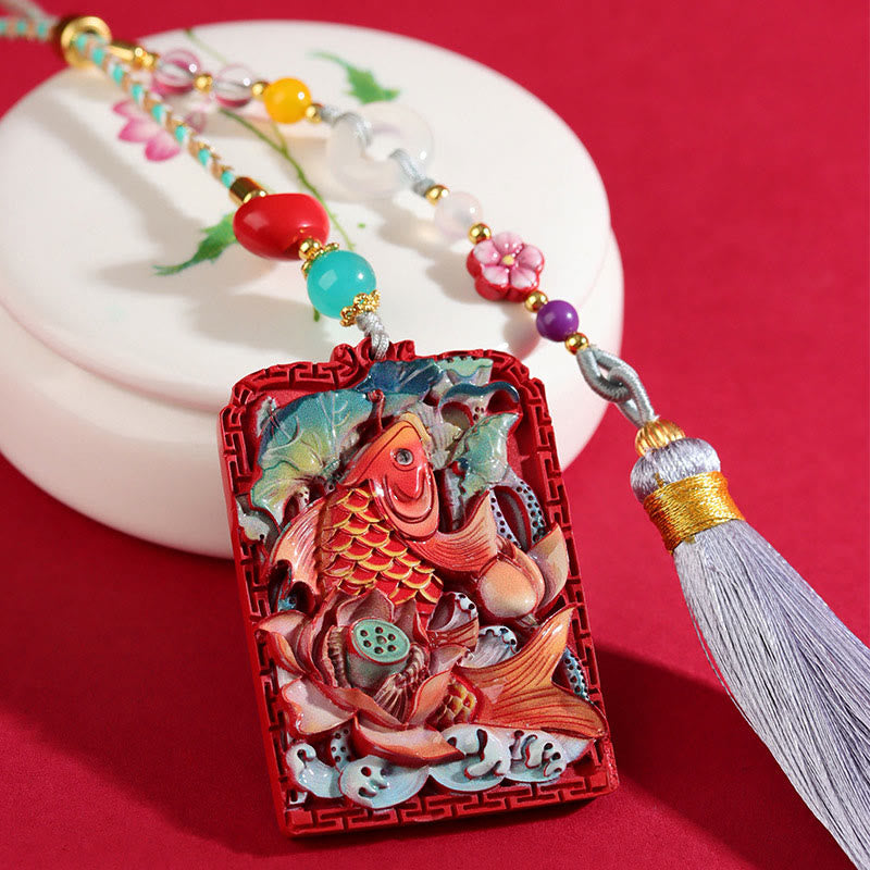 Buddha Stones Natural Cinnabar Koi Fish Lotus Design Blessing Peace Buckle Car Hanging Decoration - image 1