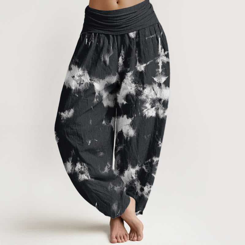 Buddha Stones White Lines Spots Tie-Dye Pattern Women's Elastic Waist Harem Pants - Black - US22，UK/AU26，EU54 (6XL) - image 0