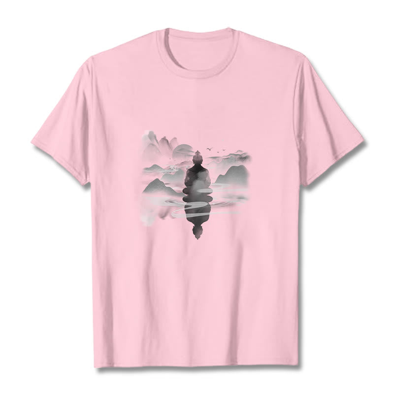 Buddha Stones Meditating Buddha Sitting In Mountains Pattern Cotton Tee T-shirt - Light Pink - 2XL - image 8