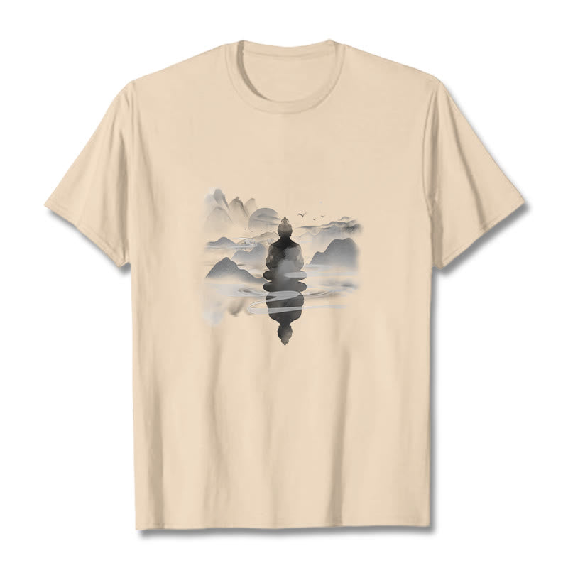 Buddha Stones Meditating Buddha Sitting In Mountains Pattern Cotton Tee T-shirt - Bisque - 2XL - image 16