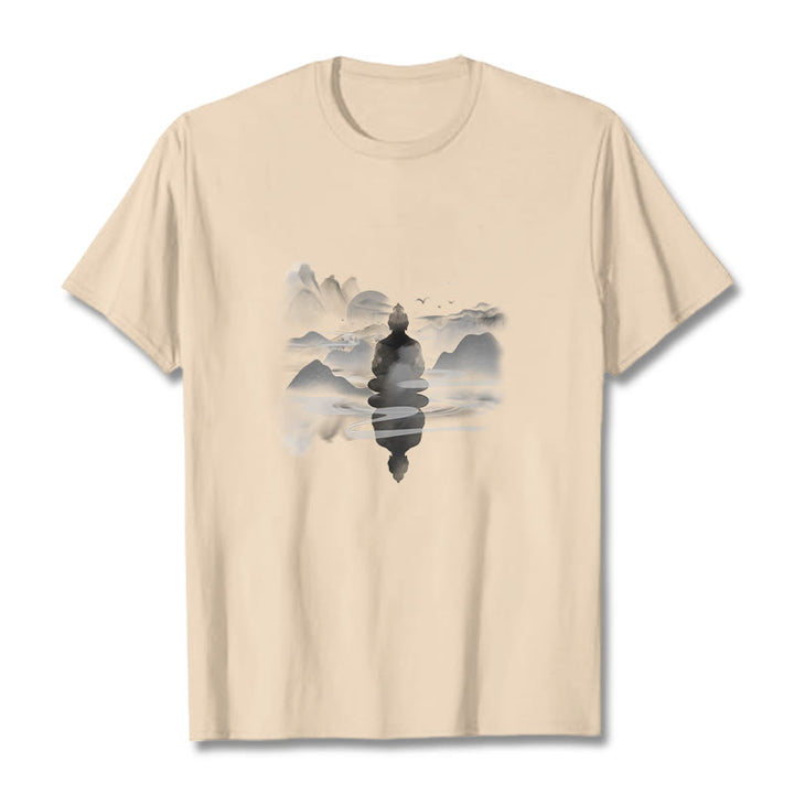 Buddha Stones Meditating Buddha Sitting In Mountains Pattern Cotton Tee T-shirt - Bisque - 2XL - image 16