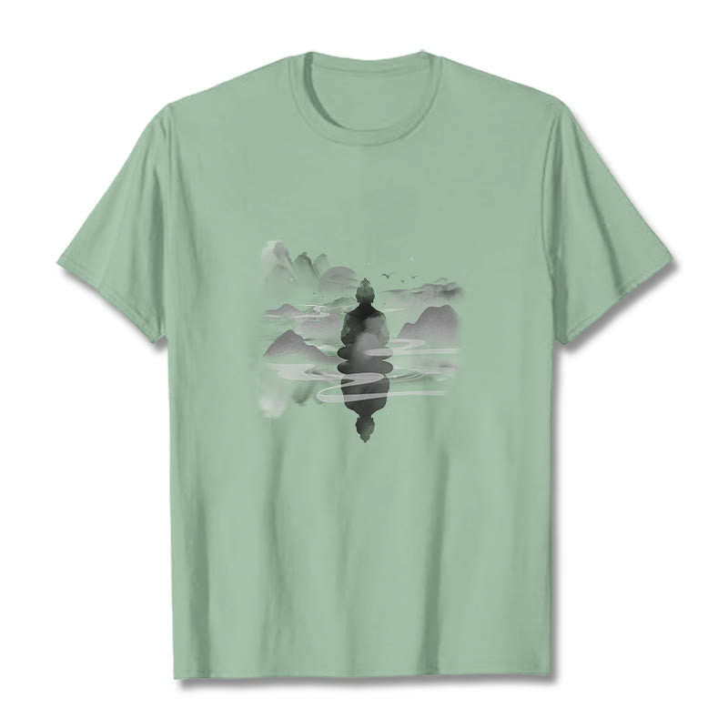Buddha Stones Meditating Buddha Sitting In Mountains Pattern Cotton Tee T-shirt - Pale Green - 2XL - image 12