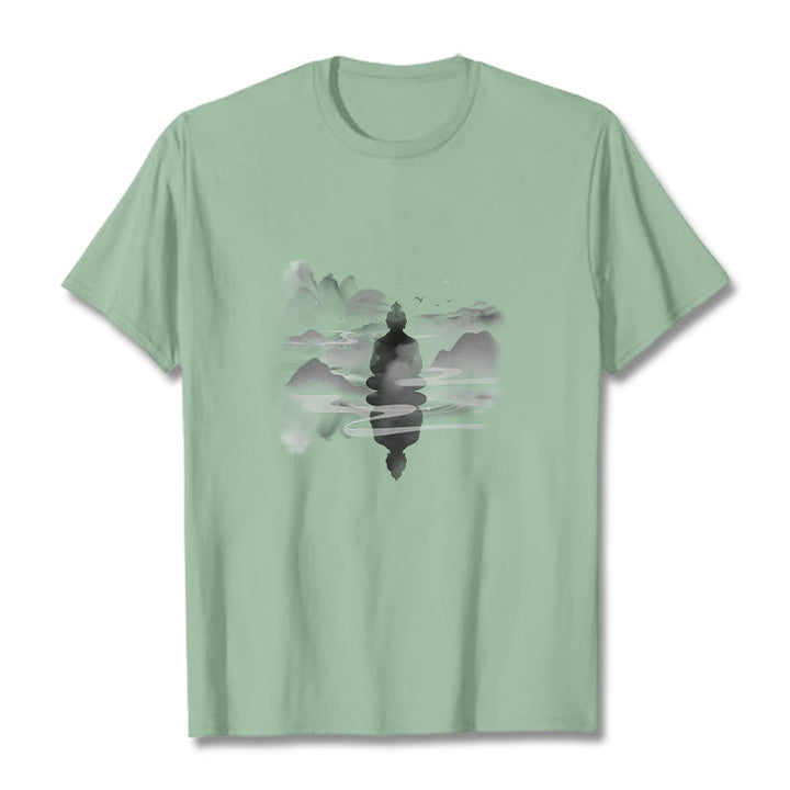 Buddha Stones Meditating Buddha Sitting In Mountains Pattern Cotton Tee T-shirt - Pale Green - 2XL - image 12