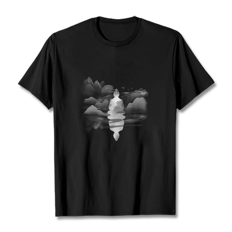 Buddha Stones Meditating Buddha Sitting In Mountains Pattern Cotton Tee T-shirt - Black - 2XL - image 0
