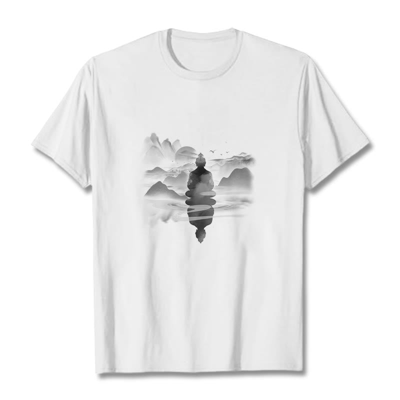 Buddha Stones Meditating Buddha Sitting In Mountains Pattern Cotton Tee T-shirt - White - 2XL - image 5
