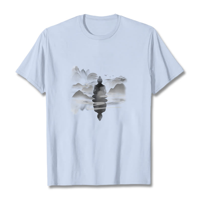 Buddha Stones Meditating Buddha Sitting In Mountains Pattern Cotton Tee T-shirt - Light Cyan - 2XL - image 18