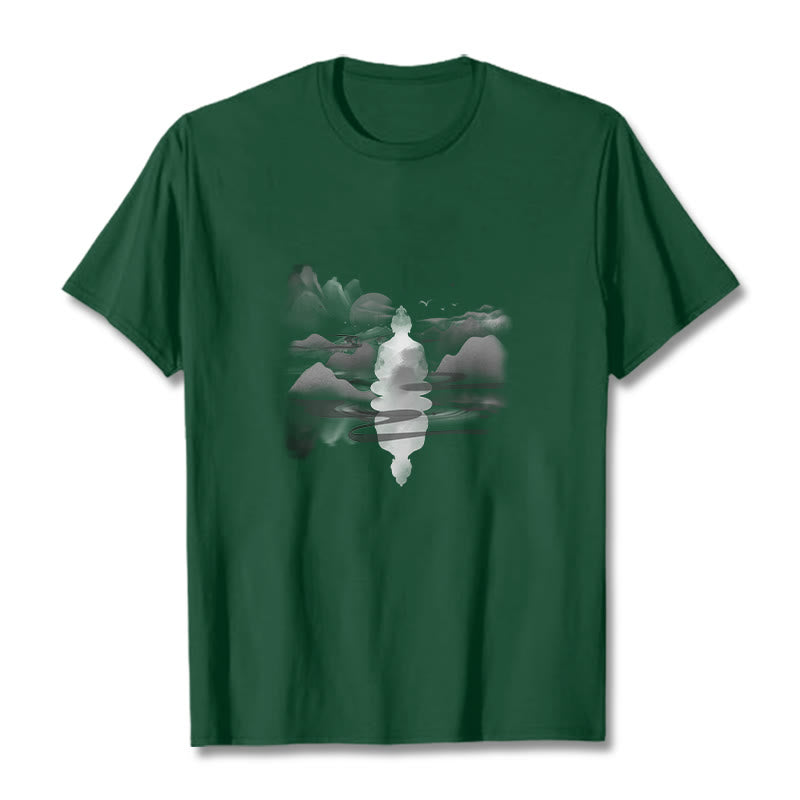 Buddha Stones Meditating Buddha Sitting In Mountains Pattern Cotton Tee T-shirt - Forest Green - 2XL - image 10