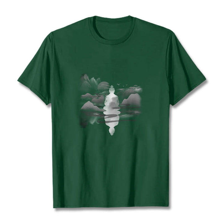 Buddha Stones Meditating Buddha Sitting In Mountains Pattern Cotton Tee T-shirt - Forest Green - 2XL - image 10