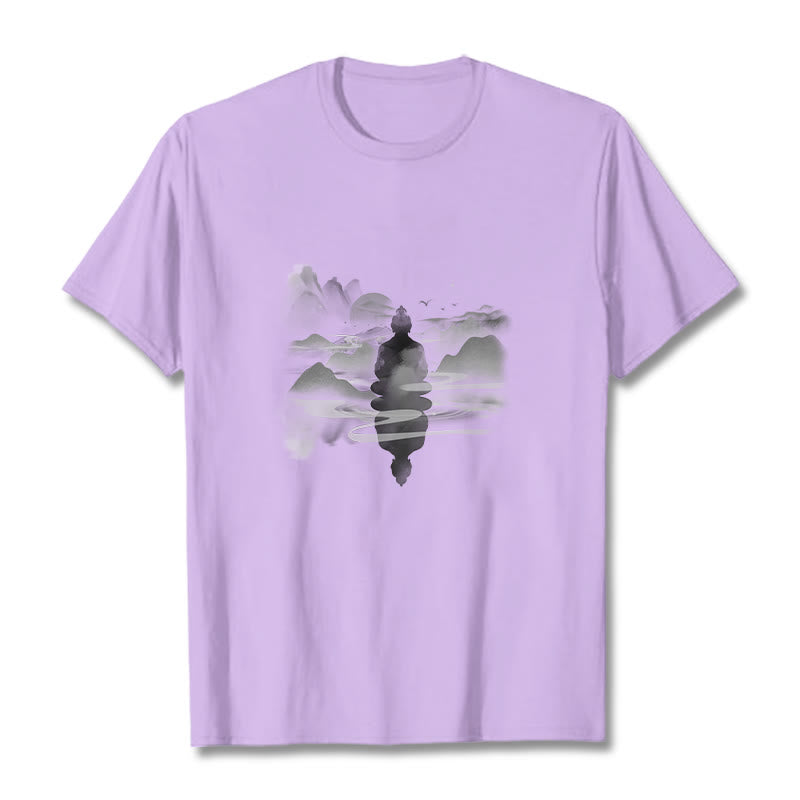 Buddha Stones Meditating Buddha Sitting In Mountains Pattern Cotton Tee T-shirt - Plum - 2XL - image 14