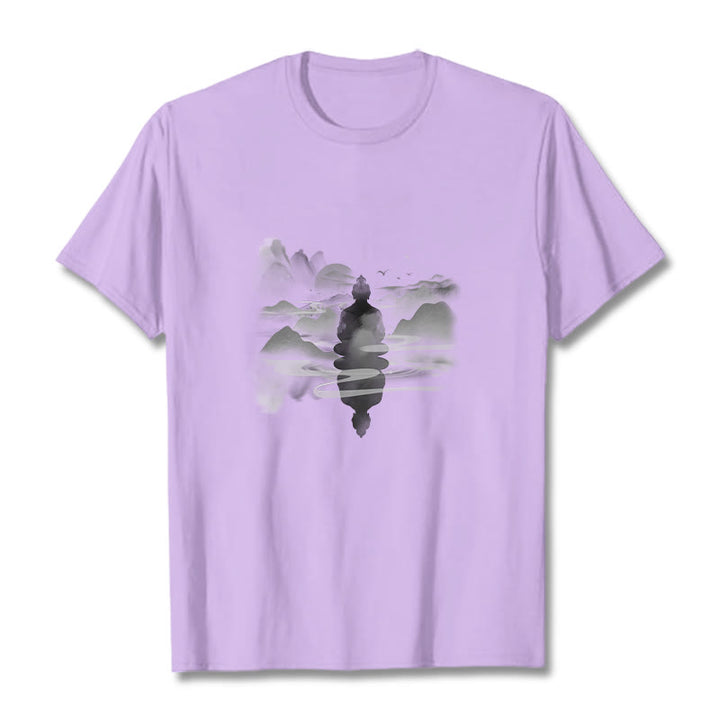 Buddha Stones Meditating Buddha Sitting In Mountains Pattern Cotton Tee T-shirt - Plum - 2XL - image 14