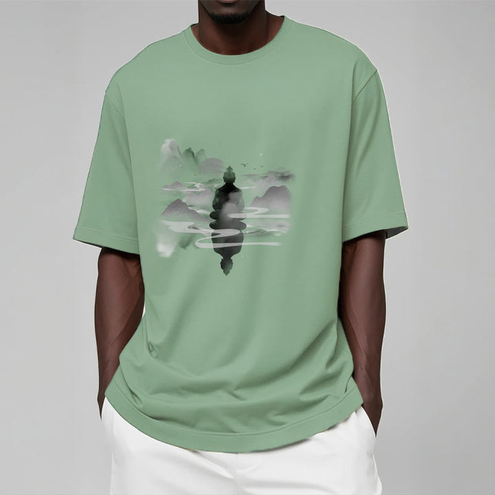 Buddha Stones Meditating Buddha Sitting In Mountains Pattern Cotton Tee T-shirt - image 13