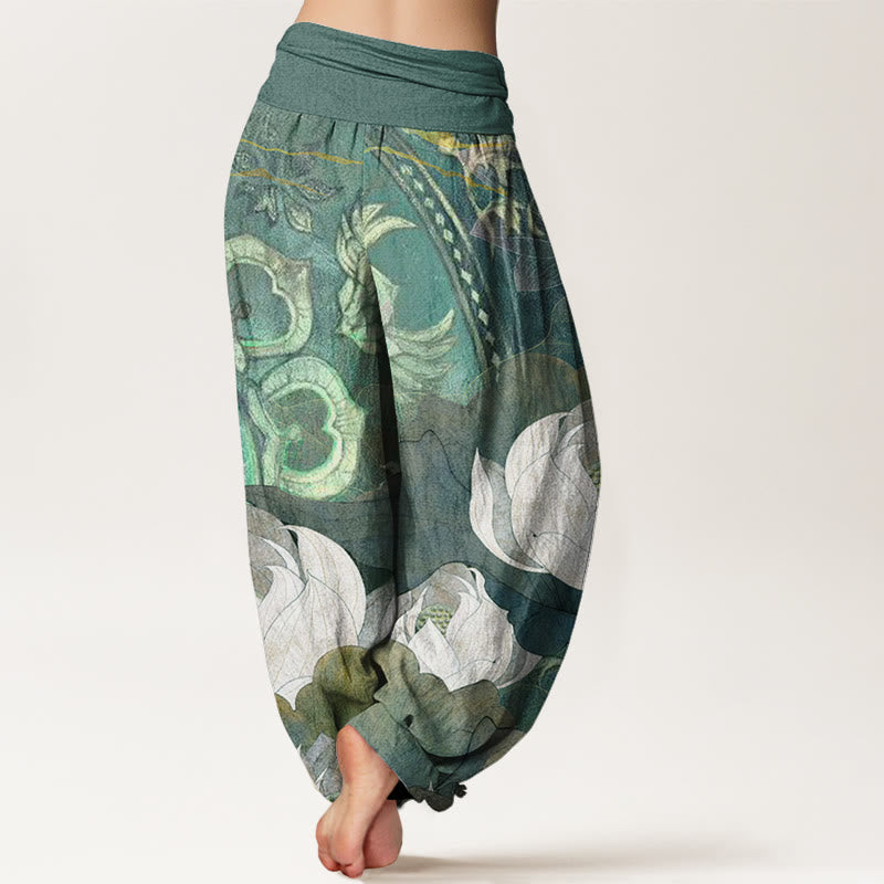 Buddha Stones White Lotus Leaves Pattern Casual Women's Elastic Waist Harem Pants - image 1