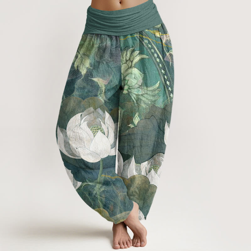 Buddha Stones Cotton White Lotus Leaves Pattern Casual Women's Elastic Waist Harem Pants - SeaGreen - US22，UK/AU26，EU54 (6XL) - image 0