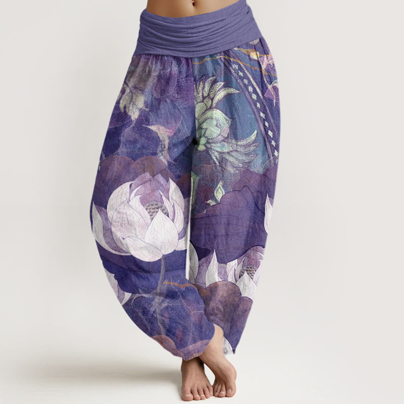 Buddha Stones White Lotus Leaves Pattern Casual Women's Elastic Waist Harem Pants - MediumPurple - US22，UK/AU26，EU54 (6XL) - image 7