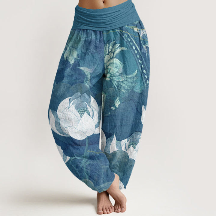 Buddha Stones White Lotus Leaves Pattern Casual Women's Elastic Waist Harem Pants - SteelBlue - US22，UK/AU26，EU54 (6XL) - image 4