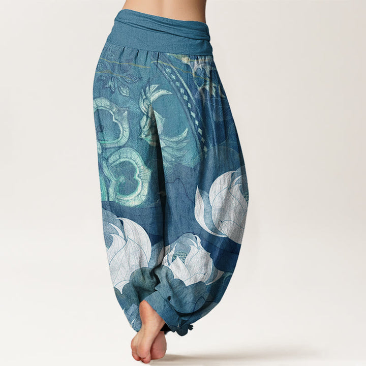 Buddha Stones Cotton White Lotus Leaves Pattern Casual Women's Elastic Waist Harem Pants - image 6