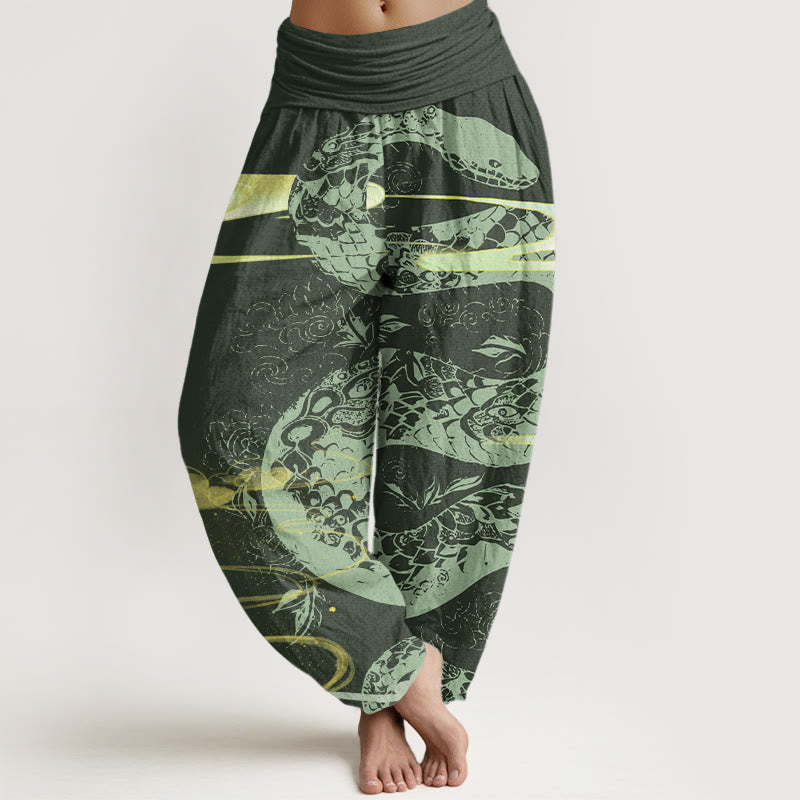 Buddha Stones Auspicious Clouds With Snake Pattern Women's Elastic Waist Harem Pants - ForestGreen - US22，UK/AU26，EU54 (6XL) - image 4