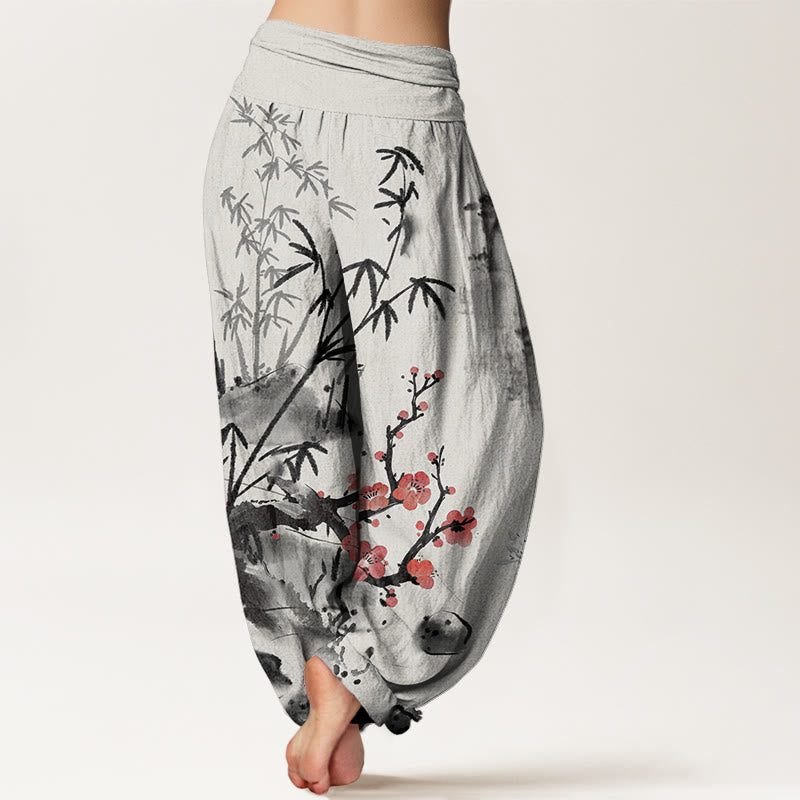 Buddha Stones Plum Blossoms Bamboo Orchids Chrysanthemums Pattern Women's Elastic Waist Harem Pants - image 2