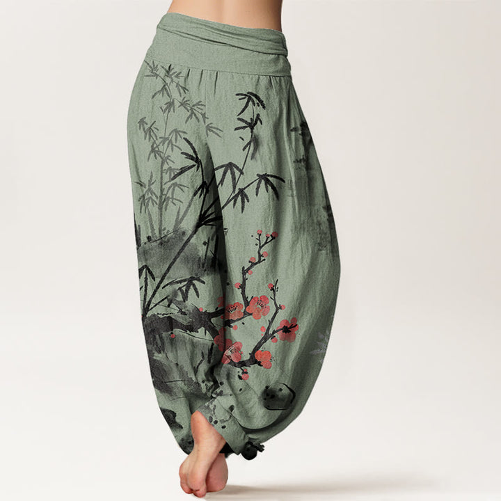Buddha Stones Plum Blossoms Bamboo Orchids Chrysanthemums Pattern Women's Elastic Waist Harem Pants - image 6