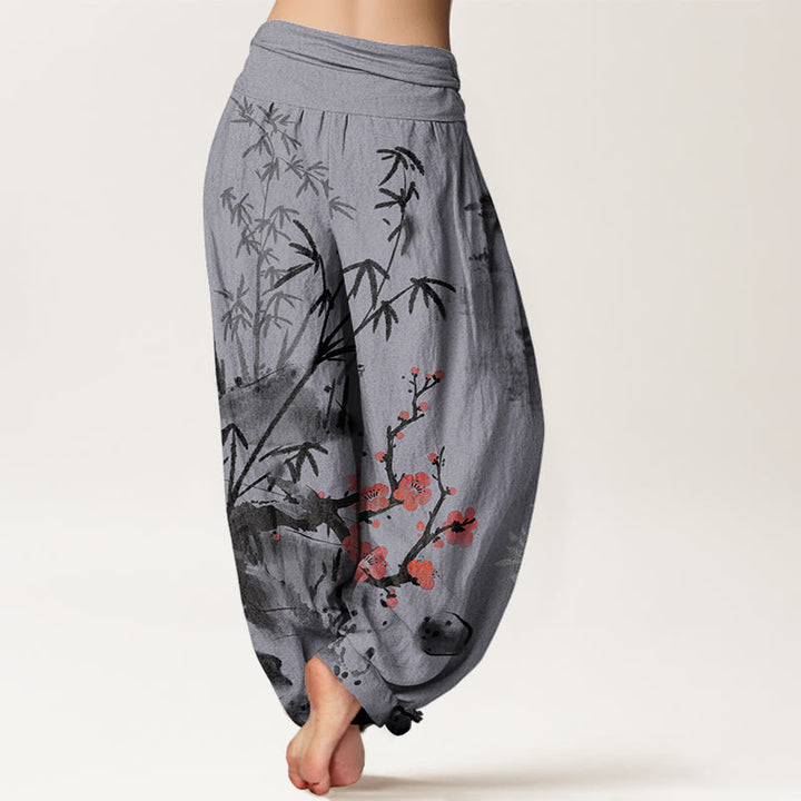 Buddha Stones Plum Blossoms Bamboo Orchids Chrysanthemums Pattern Women's Elastic Waist Harem Pants - image 9