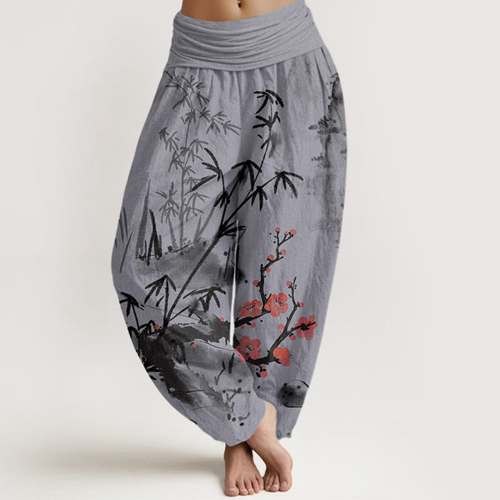 Buddha Stones Plum Blossoms Bamboo Orchids Chrysanthemums Pattern Women's Elastic Waist Harem Pants - MediumPurple - US22，UK/AU26，EU54 (6XL) - image 7