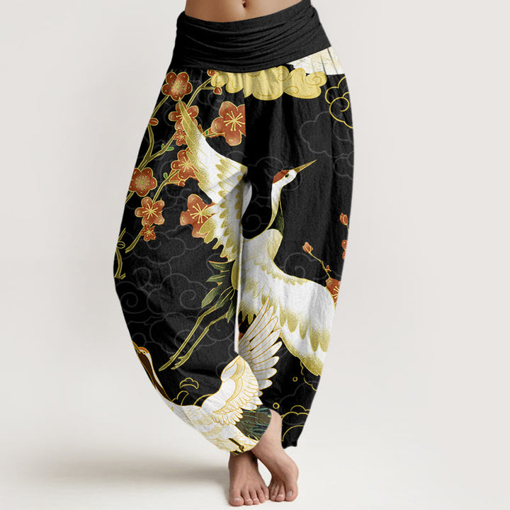 Buddha Stones Cranes Flowers Auspicious Clouds pattern Women's Elastic Waist Harem Pants - Black - US22，UK/AU26，EU54 (6XL) - image 0