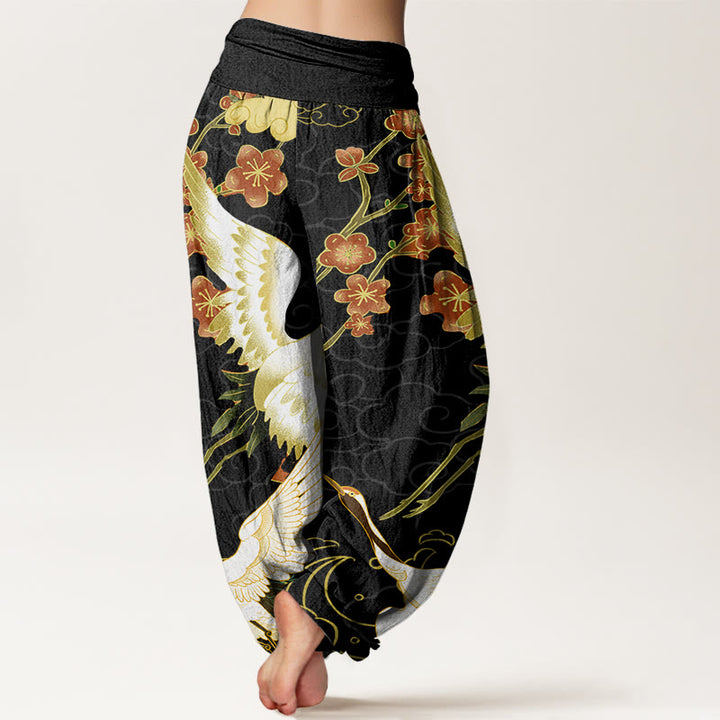 Buddha Stones Cranes Flowers Auspicious Clouds pattern Women's Elastic Waist Harem Pants - image 2