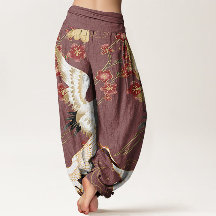 Buddha Stones Cranes Flowers Auspicious Clouds pattern Women's Elastic Waist Harem Pants - image 6
