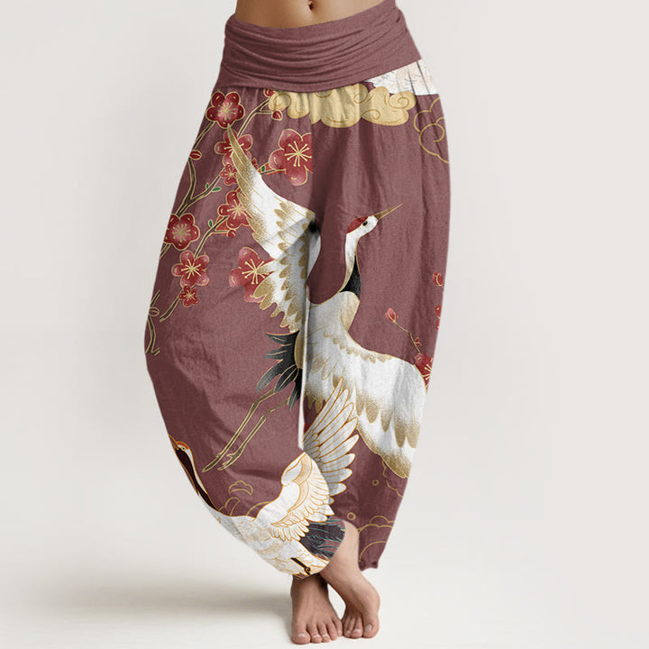 Buddha Stones Cotton Cranes Flowers Auspicious Clouds pattern Women's Elastic Waist Harem Pants - LightCoral - US22，UK/AU26，EU54 (6XL) - image 4