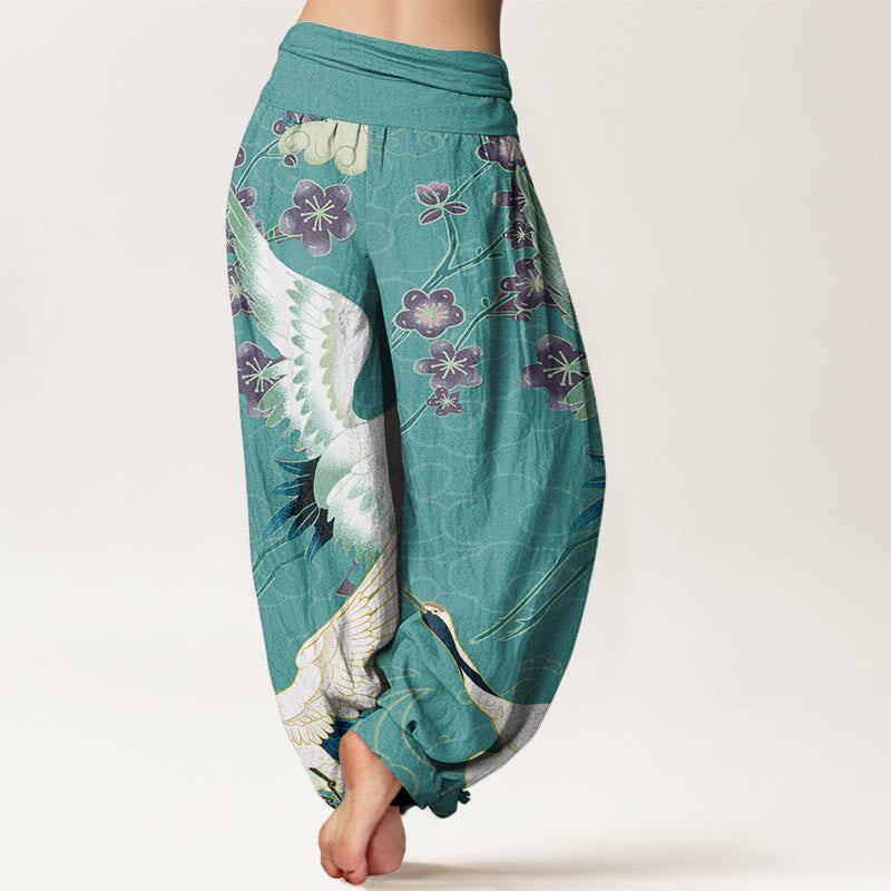Buddha Stones Cranes Flowers Auspicious Clouds pattern Women's Elastic Waist Harem Pants - image 9