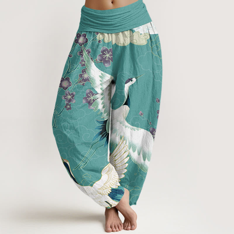 Buddha Stones Cranes Flowers Auspicious Clouds pattern Women's Elastic Waist Harem Pants - Turquoise - US22，UK/AU26，EU54 (6XL) - image 7