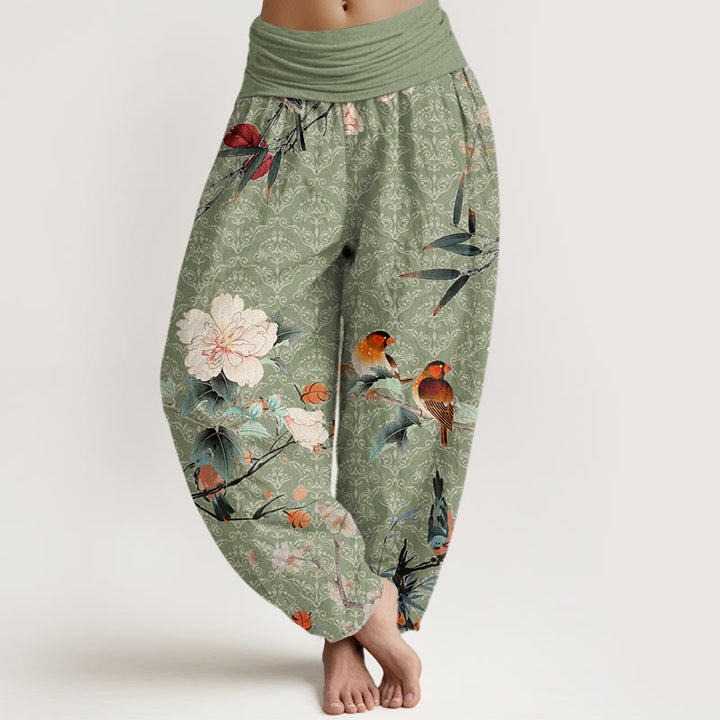 Buddha Stones Warbler Bird Blooming Flower Branches Mandala Pattern Women's Elastic Waist Harem Pants - LightGreen - US22，UK/AU26，EU54 (6XL) - image 0