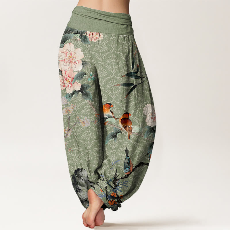 Buddha Stones Cotton Warbler Bird Blooming Flower Branches Mandala Pattern Women's Elastic Waist Harem Pants - image 2