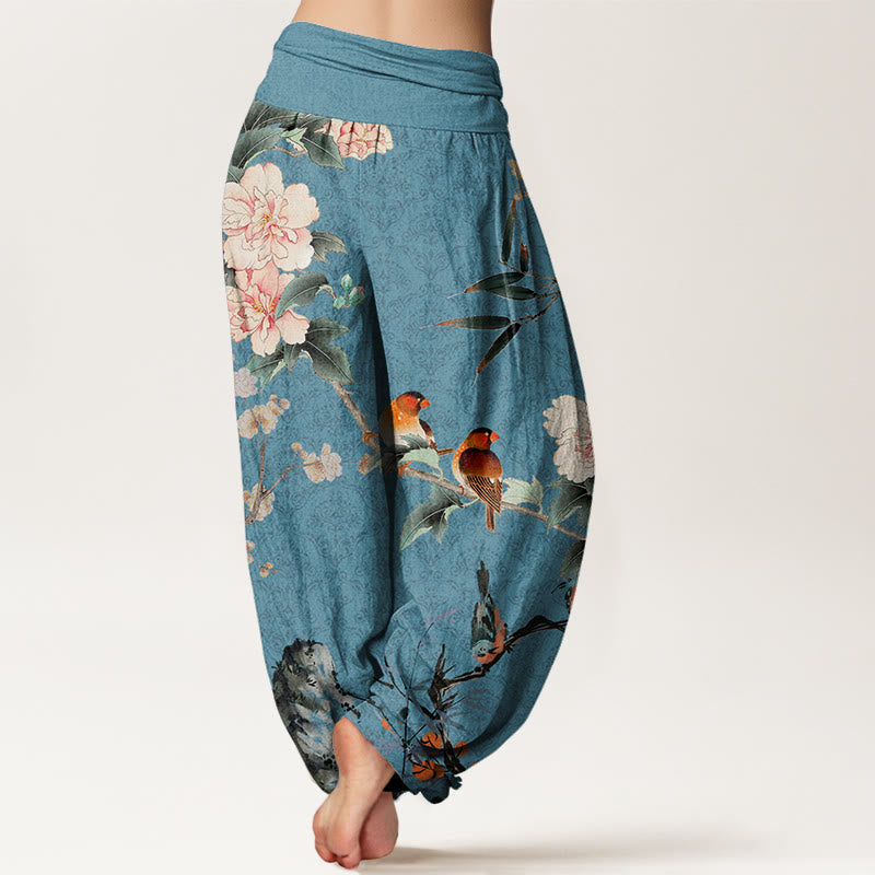 Buddha Stones Warbler Bird Blooming Flower Branches Mandala Pattern Women's Elastic Waist Harem Pants - image 6