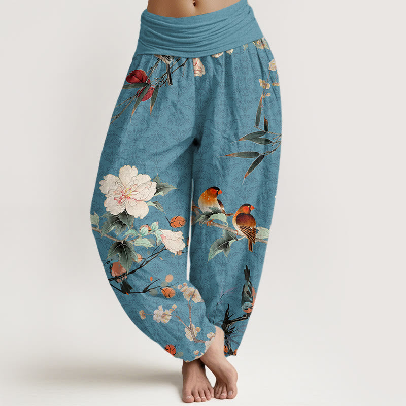 Buddha Stones Cotton Warbler Bird Blooming Flower Branches Mandala Pattern Women's Elastic Waist Harem Pants - DarkTurquoise - US22，UK/AU26，EU54 (6XL) - image 4