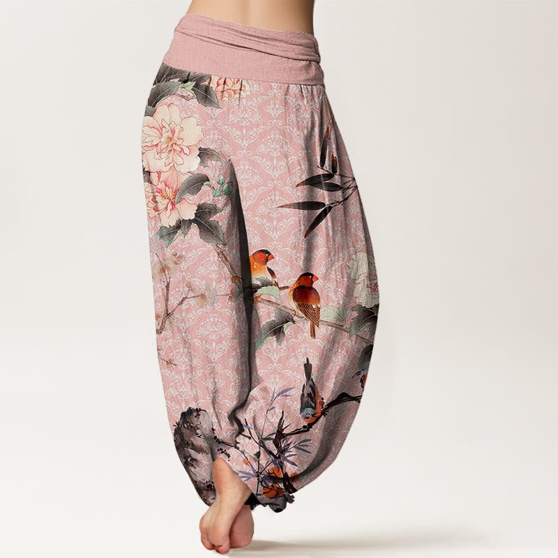 Buddha Stones Warbler Bird Blooming Flower Branches Mandala Pattern Women's Elastic Waist Harem Pants - image 9