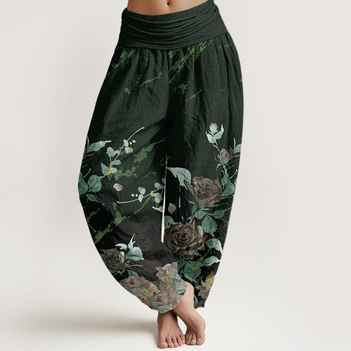 Buddha Stones Blooming Roses Pattern Women's Elastic Waist Harem Pants - DarkGreen - US22，UK/AU26，EU54 (6XL) - image 7