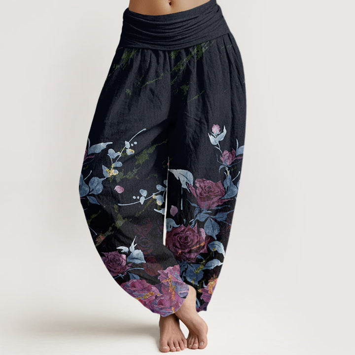 Buddha Stones Blooming Roses Pattern Women's Elastic Waist Harem Pants - DarkSlateGray - US22，UK/AU26，EU54 (6XL) - image 4