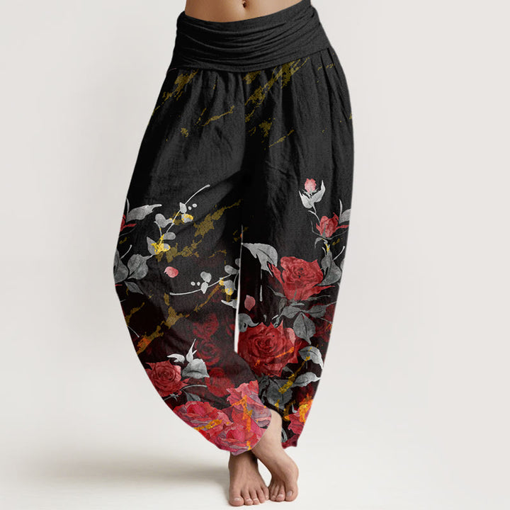 Buddha Stones Blooming Roses Pattern Women's Elastic Waist Harem Pants - Black - US22，UK/AU26，EU54 (6XL) - image 0