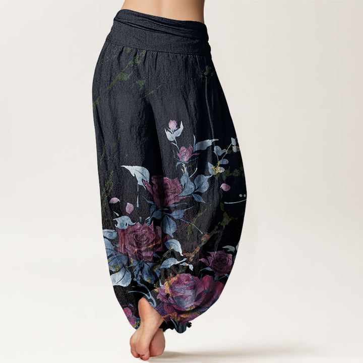 Buddha Stones Cotton Blooming Roses Pattern Women's Elastic Waist Harem Pants - image 6