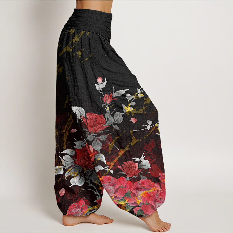 Buddha Stones Blooming Roses Pattern Women's Elastic Waist Harem Pants - image 1