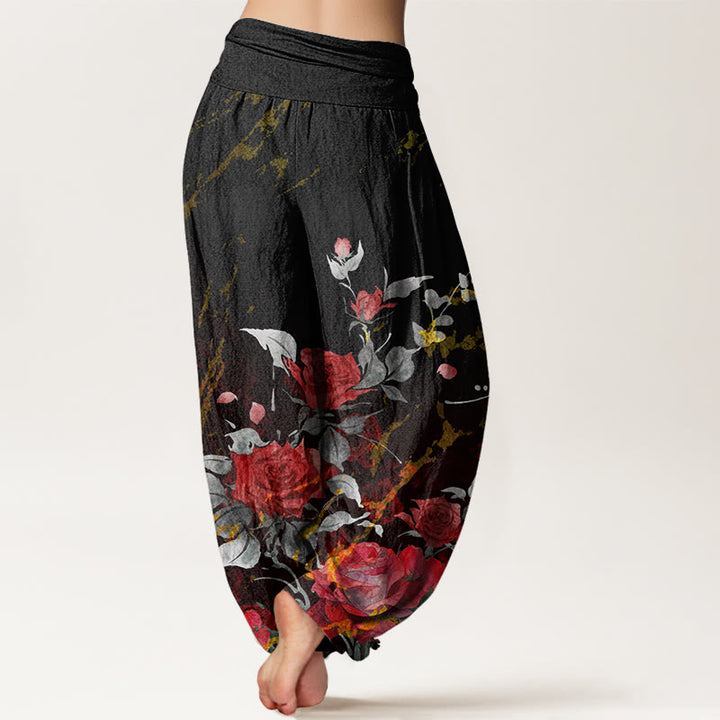 Buddha Stones Blooming Roses Pattern Women's Elastic Waist Harem Pants - image 2