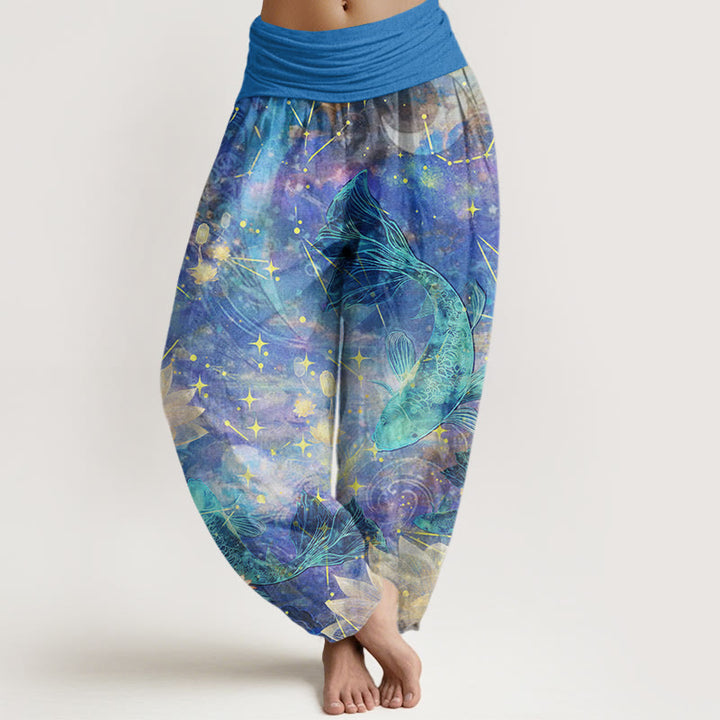 Buddha Stones Koi Fish Lotus Moon Stars Pattern Women's Elastic Waist Harem Pants - CornflowerBlue - US22，UK/AU26，EU54 (6XL) - image 0