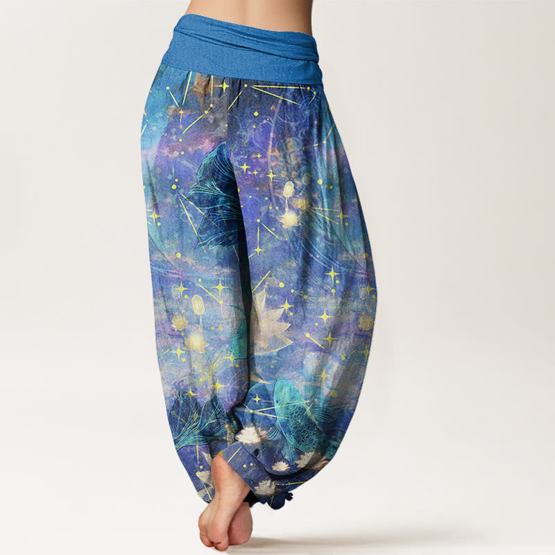 Buddha Stones Koi Fish Lotus Moon Stars Pattern Women's Elastic Waist Harem Pants - image 2