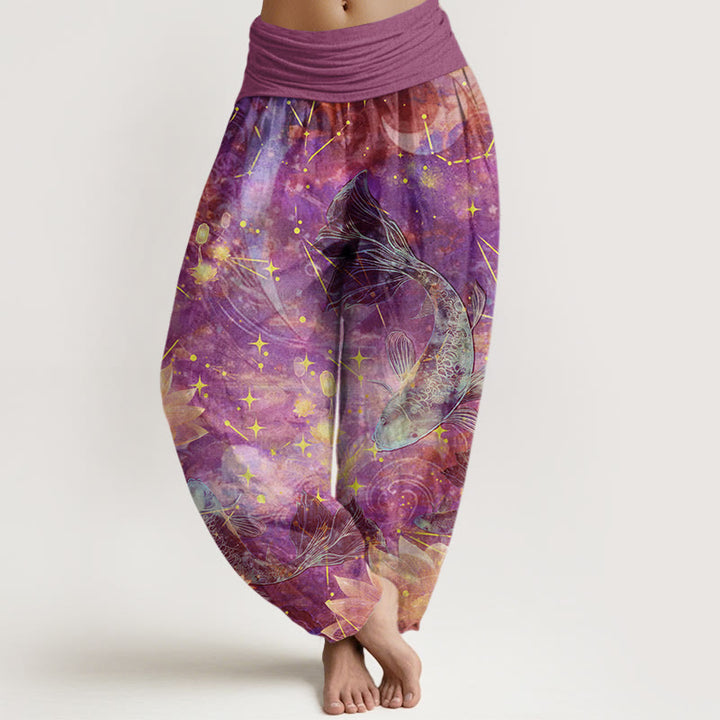 Buddha Stones Koi Fish Lotus Moon Stars Pattern Women's Elastic Waist Harem Pants - Orchid - US22，UK/AU26，EU54 (6XL) - image 4