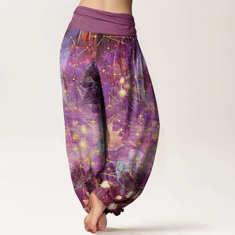 Buddha Stones Koi Fish Lotus Moon Stars Pattern Women's Elastic Waist Harem Pants - image 6
