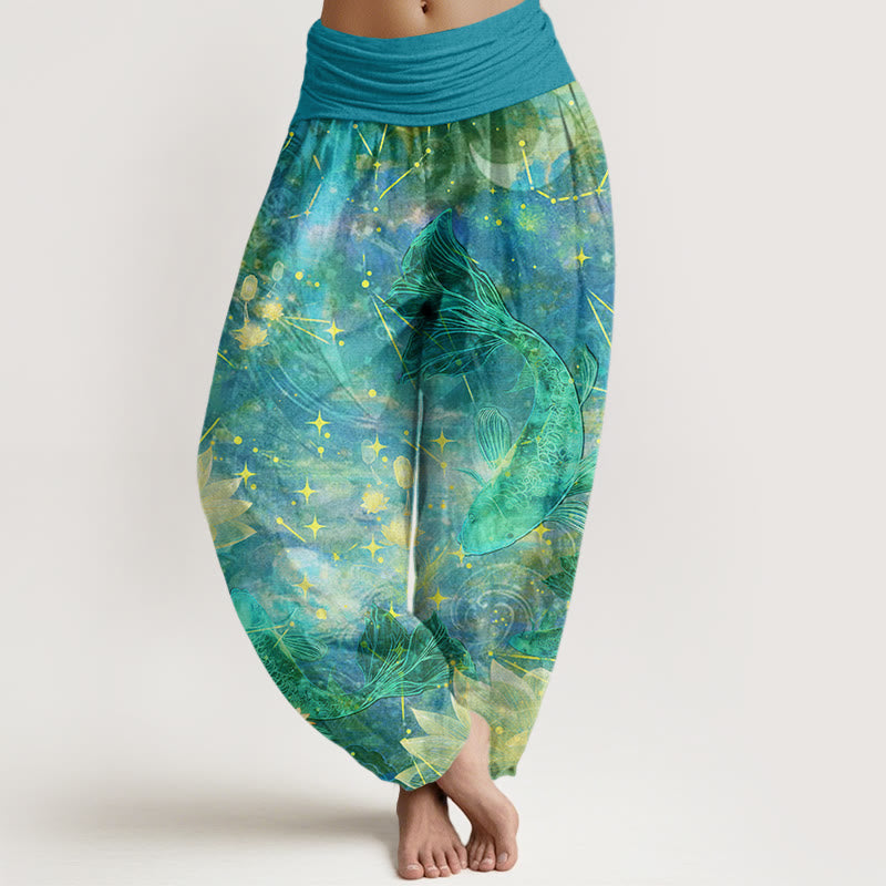 Buddha Stones Koi Fish Lotus Moon Stars Pattern Women's Elastic Waist Harem Pants - DarkTurquoise - US22，UK/AU26，EU54 (6XL) - image 7