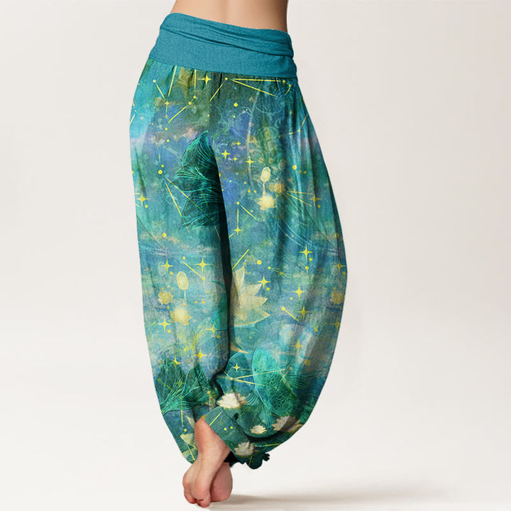 Buddha Stones Koi Fish Lotus Moon Stars Pattern Women's Elastic Waist Harem Pants - image 9