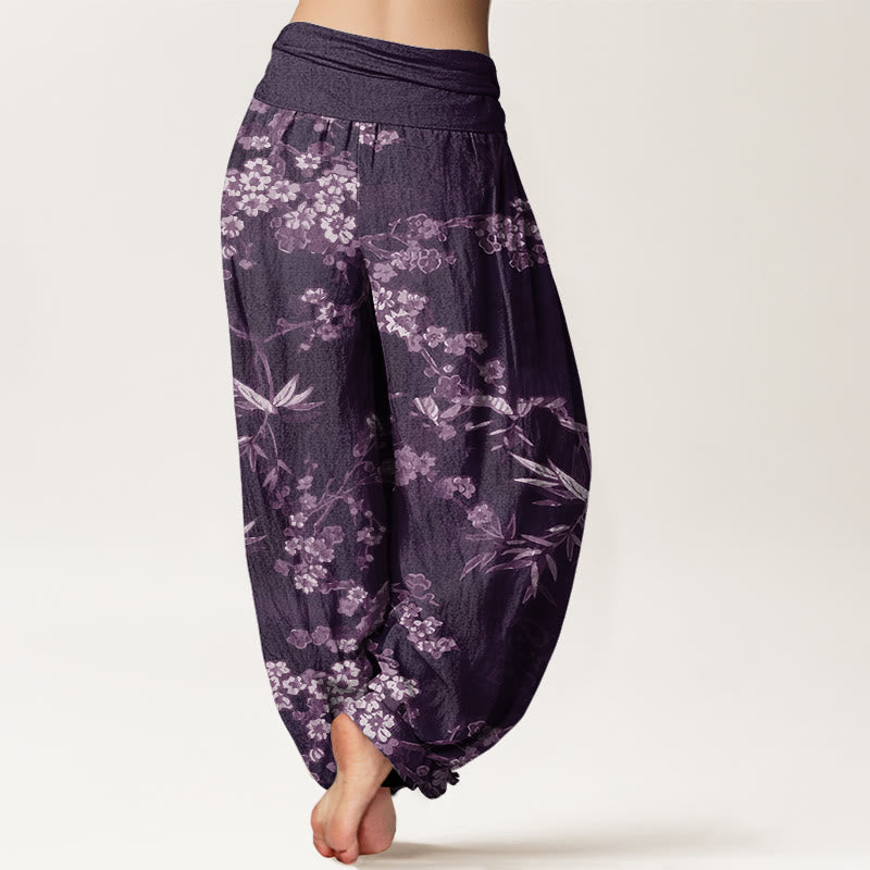 Buddha Stones Cotton White Sakura Flower Pattern Women's Elastic Waist Harem Pants - image 6