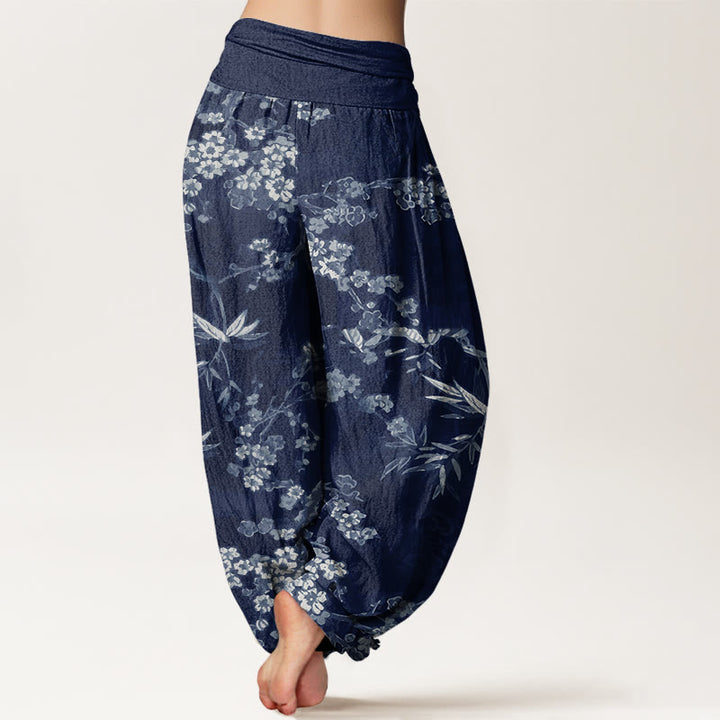 Buddha Stones White Sakura Flower Pattern Women's Elastic Waist Harem Pants - image 2